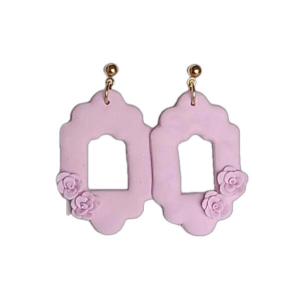 Beautiful Handmade Clay Pink Floral Flower Gold Tone Drop Statement Earrings - Picture 2 of 2